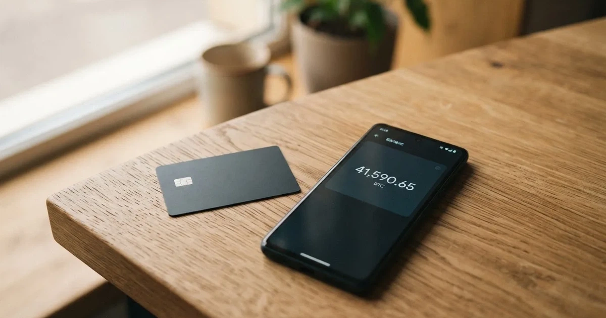 Платёжная карта рядом с телефоном, на экране криптокошелёк